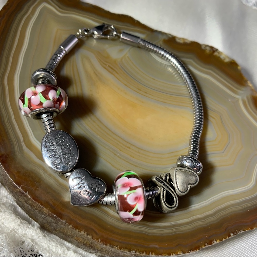 Charm Bracelet withMom, Ribbon, Hearts &  Pink Floral Charms